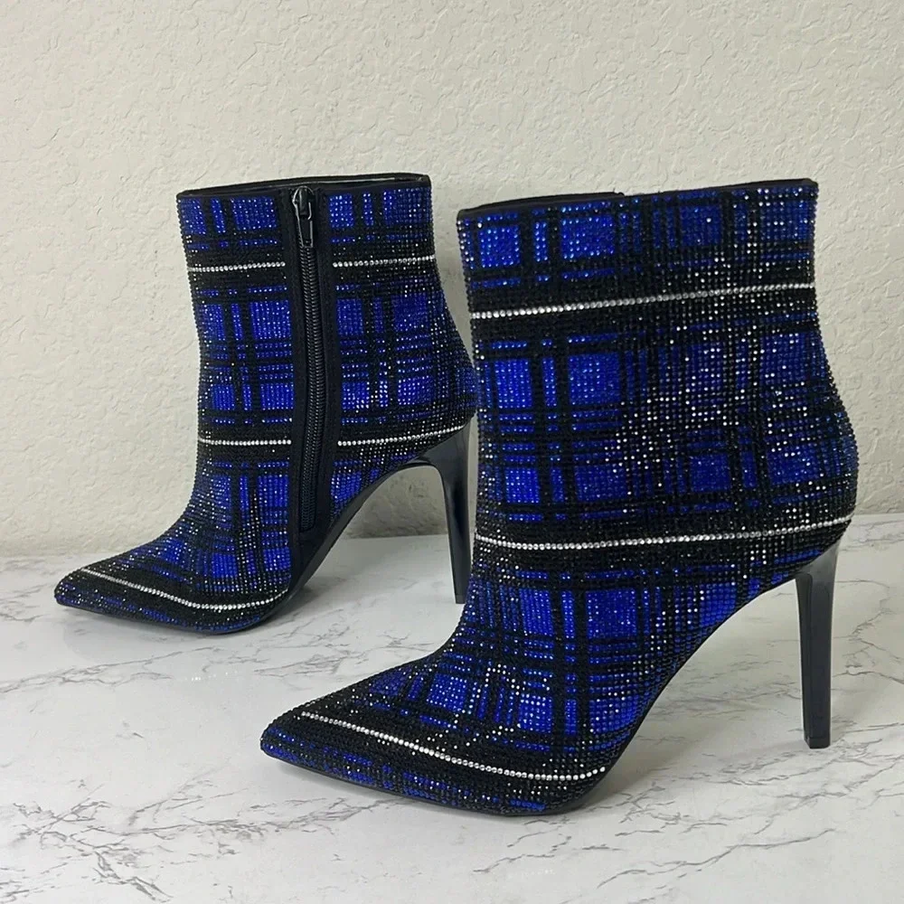 INC-  Blue Plaid Rhinestone Reisa Pointed Toe Stiletto Dress Booties - Picture 2 of 11